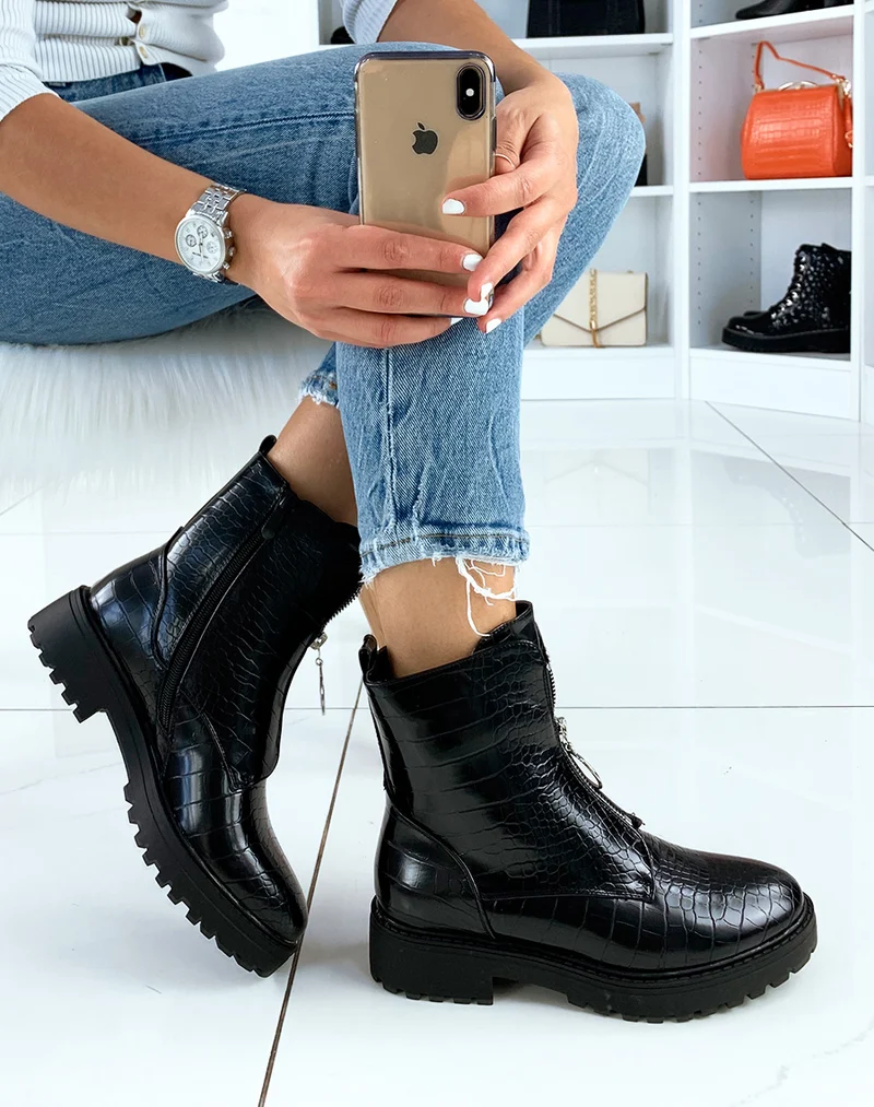 Bottines montantes effet croco noir à zip