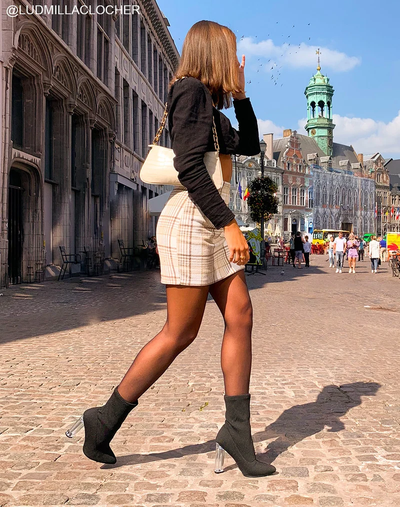 Bottines à talon en tissu noir effet chaussette