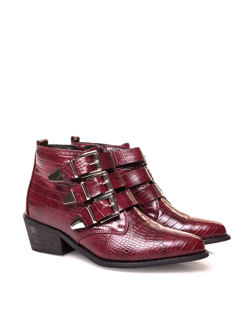 Santiags à talon bordeaux à multiple bride effet croco