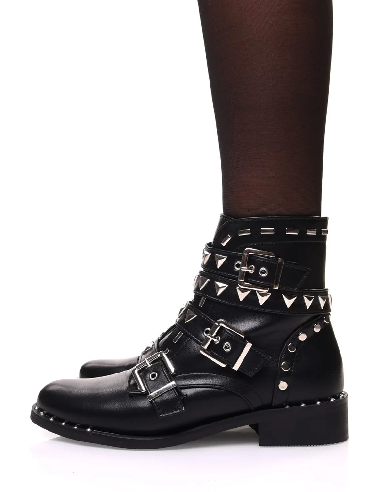 Bottines noires à lanières multiples cloutées