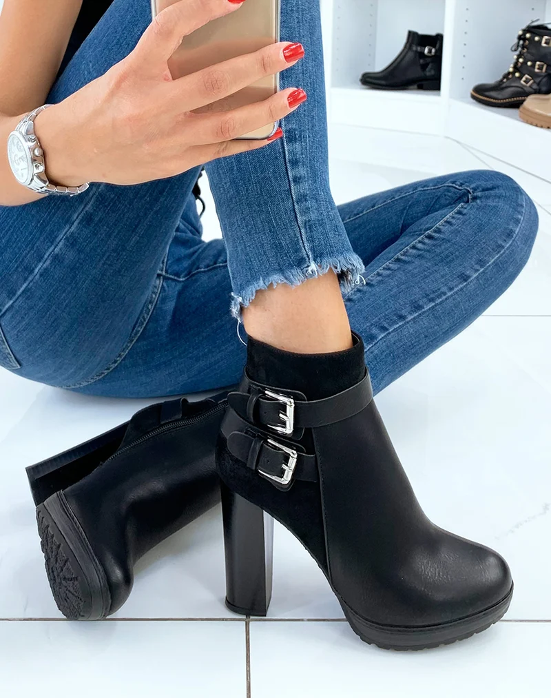 Bottines noires à talons bi-matières