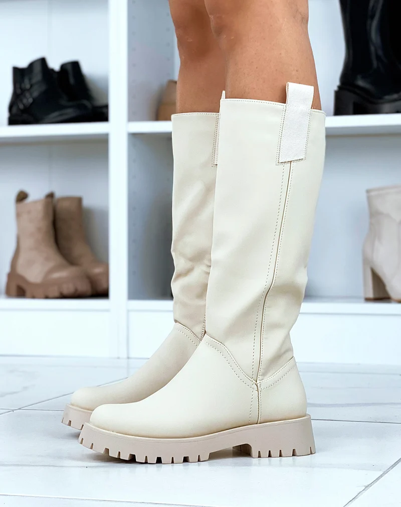 Bottes hautes beige gommé avec empiècement en tissu
