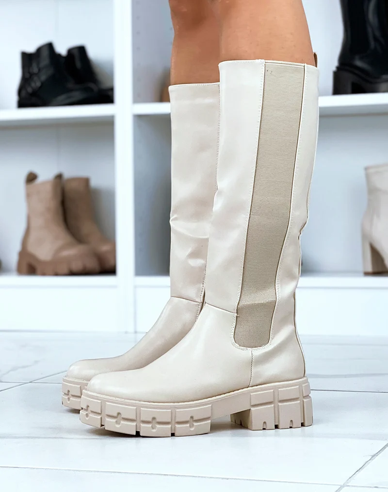 Bottes hautes beiges à plateforme épaisse