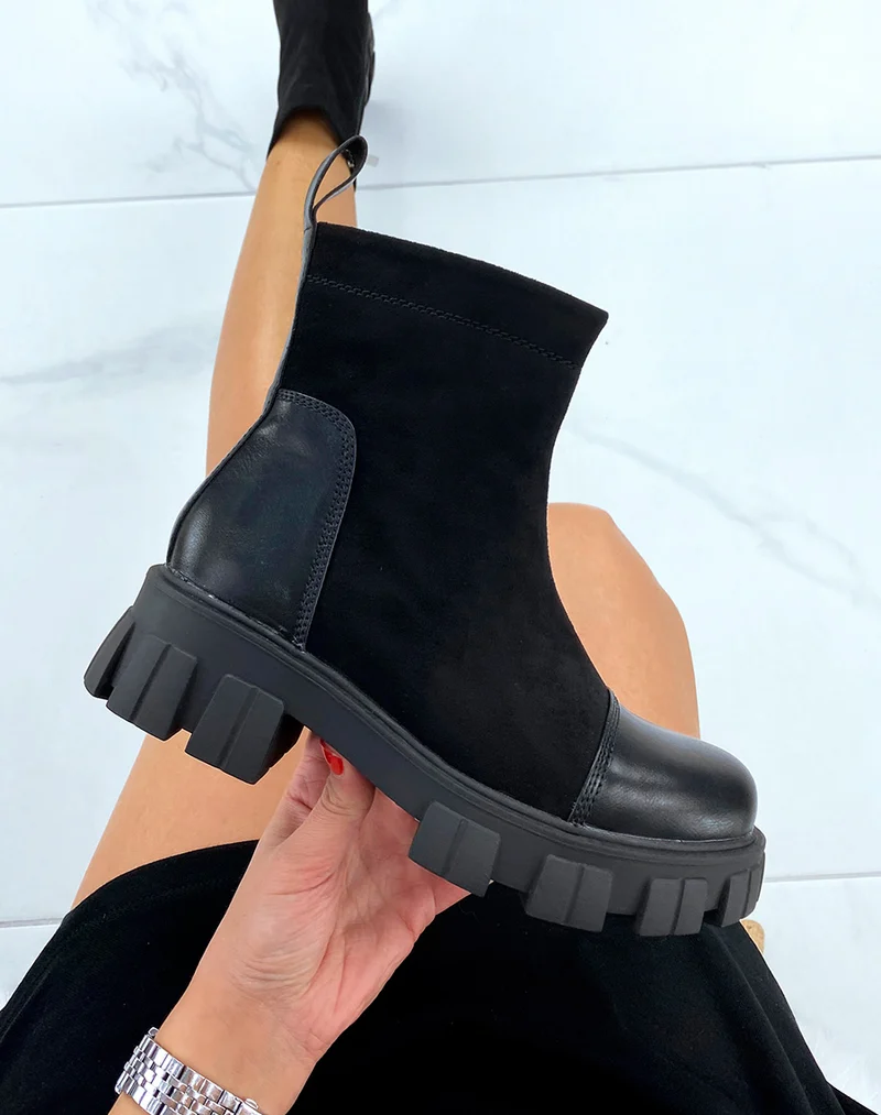 Bottines noires bi-matières en suédine