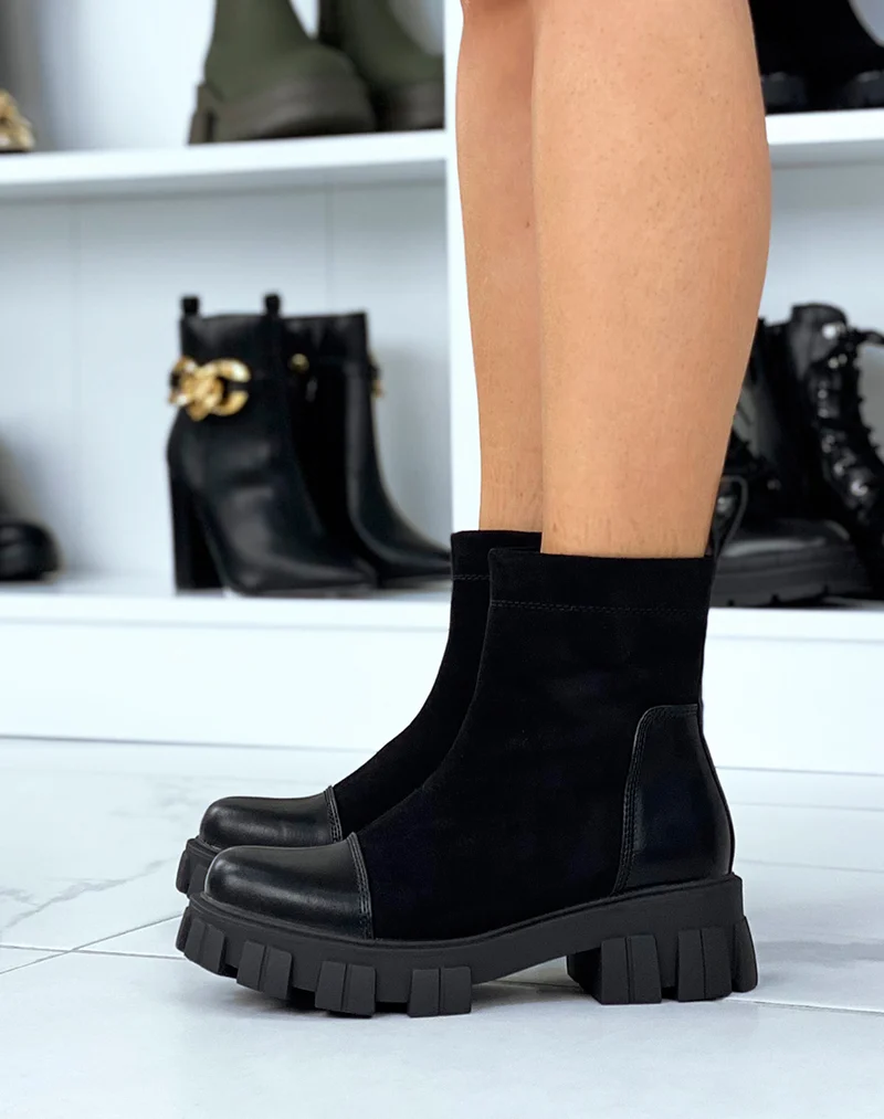 Bottines noires bi-matières en suédine