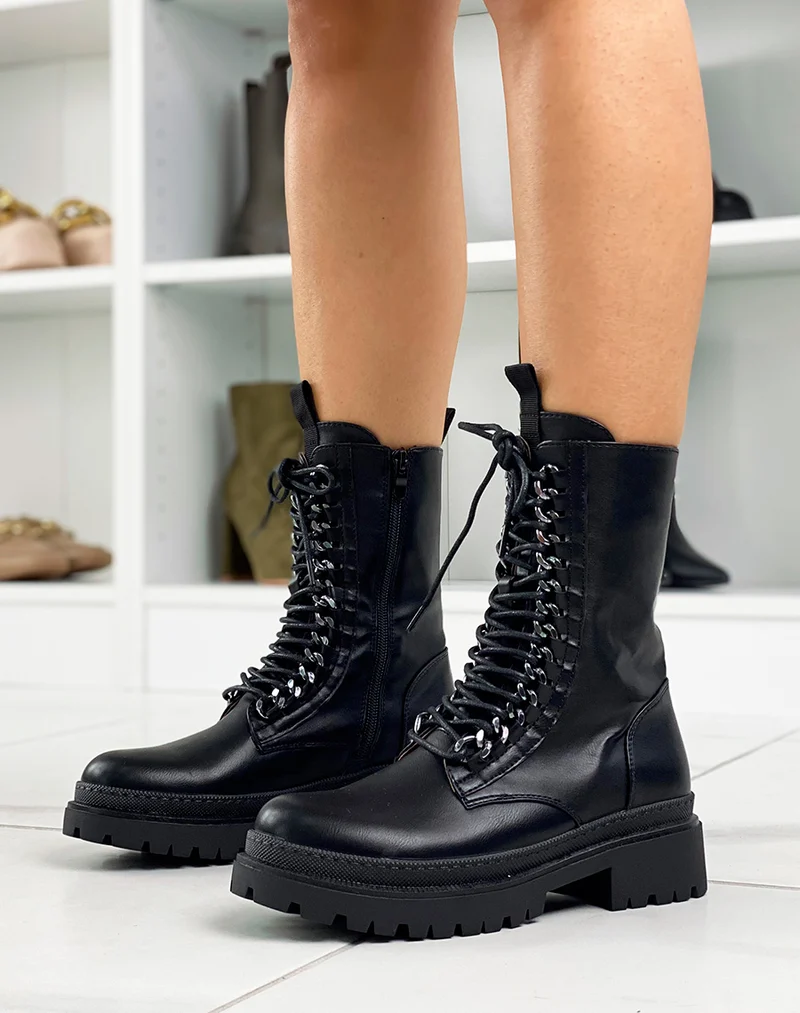 Bottines hautes noires à chaine anthracite