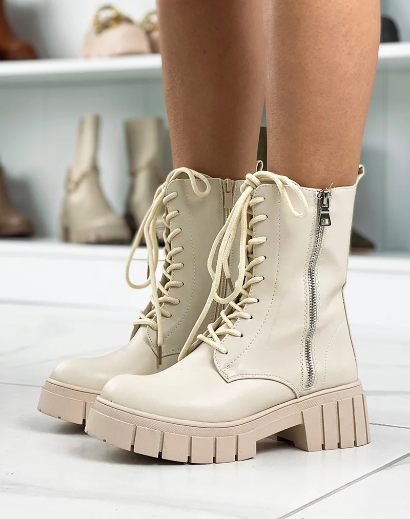 Bottines montantes beiges zipées talonnées