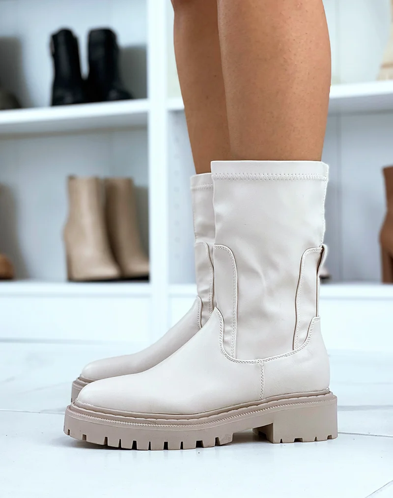 Bottines montantes beiges style chaussettes souples