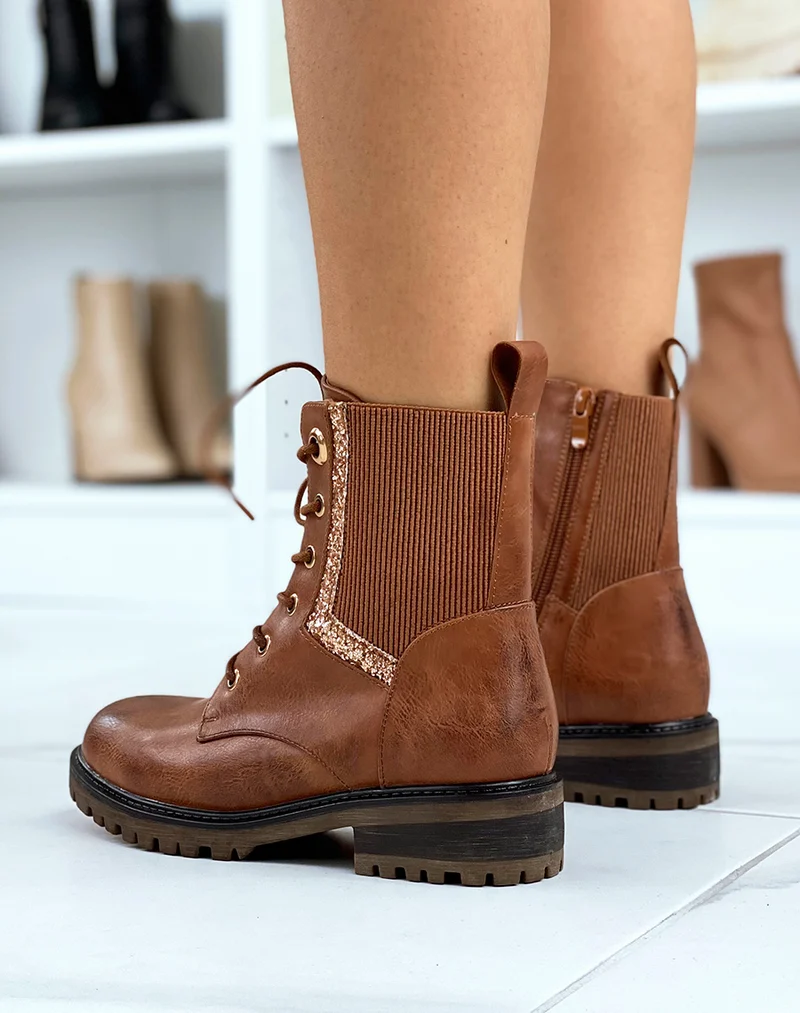 Bottines camel à élastique et paillettes