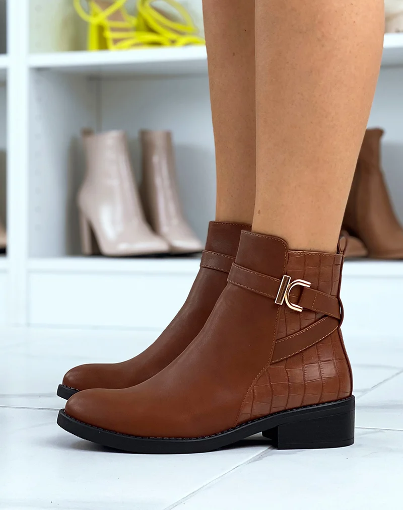 Bottines camel avec effet croco