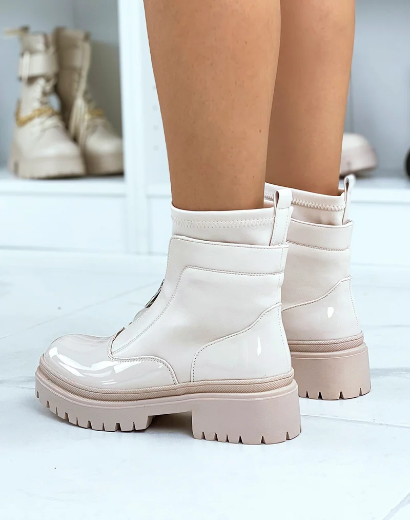 Bottines beiges vernies effet chaussette zipées et talonnées