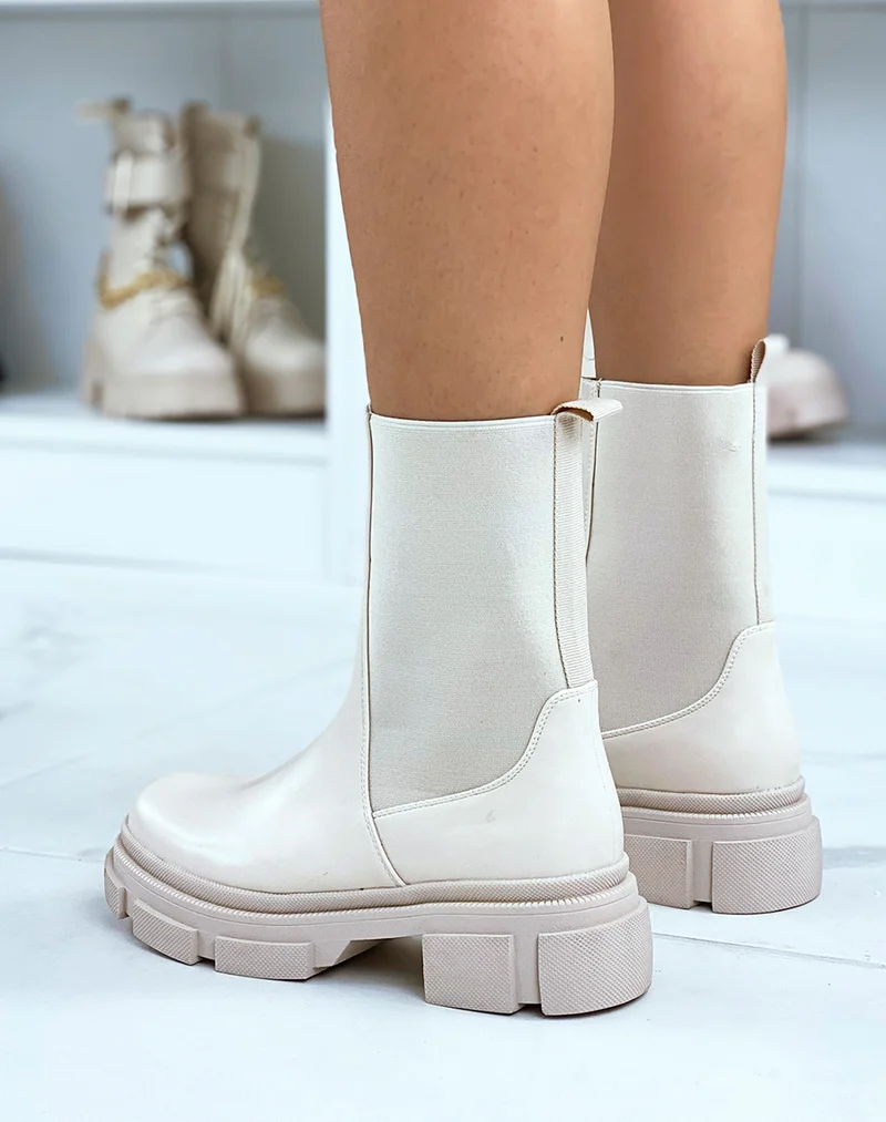 Bottines beiges montantes à élastiques et semelle crantée