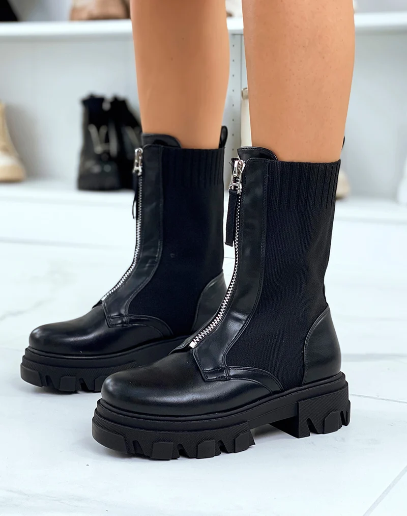 Bottines noires bi-matière effet chaussette zipées