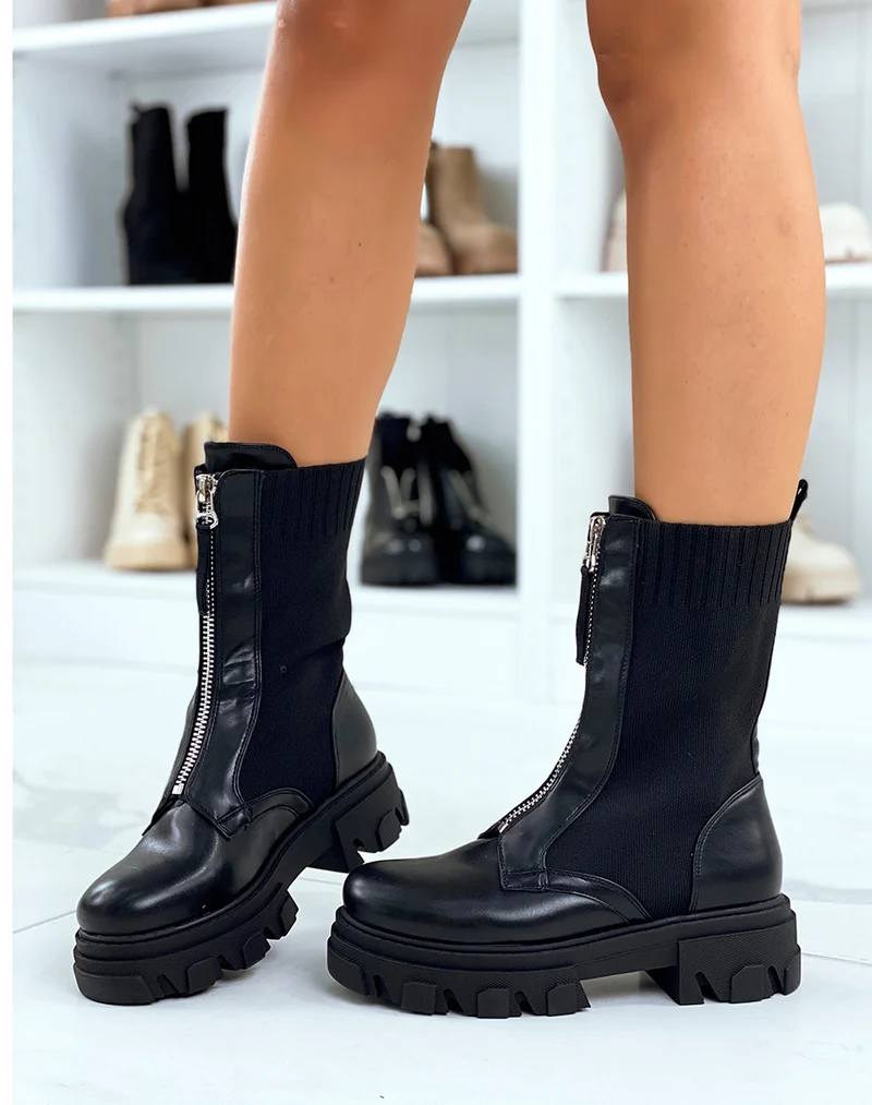Bottines noires bi-matière effet chaussette zipées