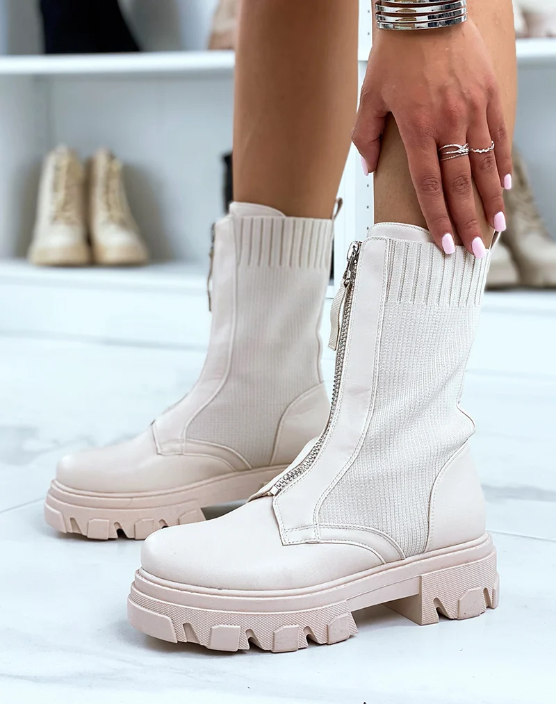 Bottines beiges bi-matière effet chaussette zipées