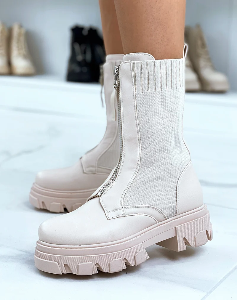 Bottines beiges bi-matière effet chaussette zipées