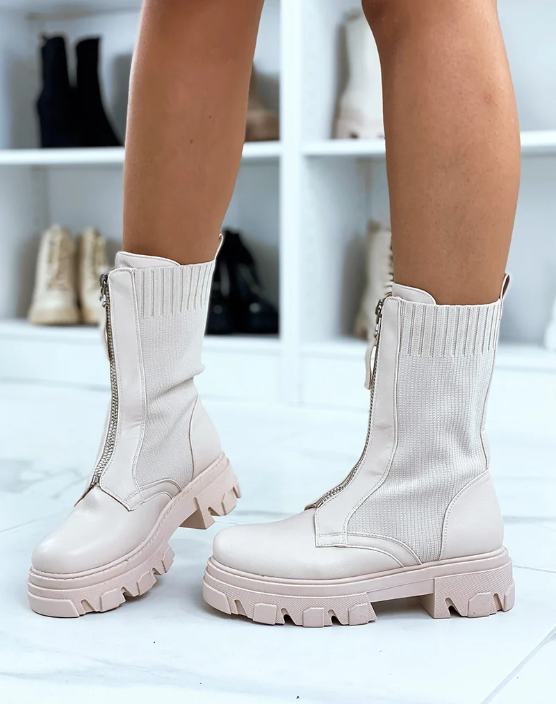 Bottines beiges bi-matière effet chaussette zipées