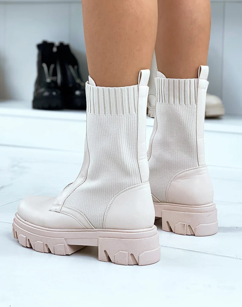 Bottines beiges bi-matière effet chaussette zipées