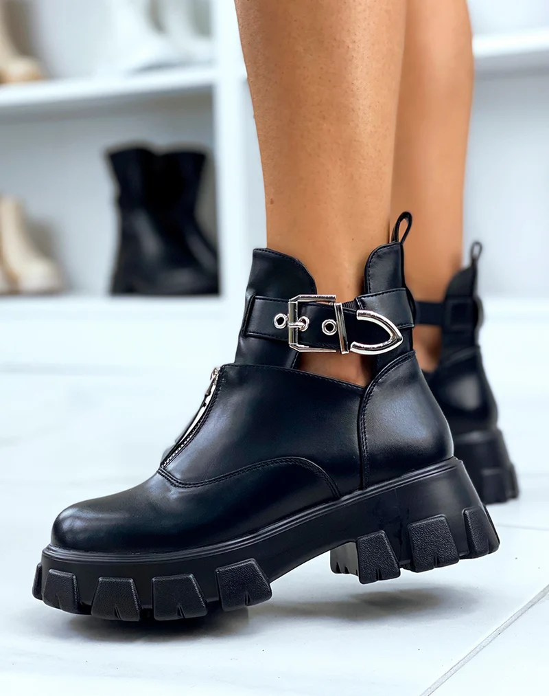 Bottines ouvertes noires zipées à lanières et semelles crantées