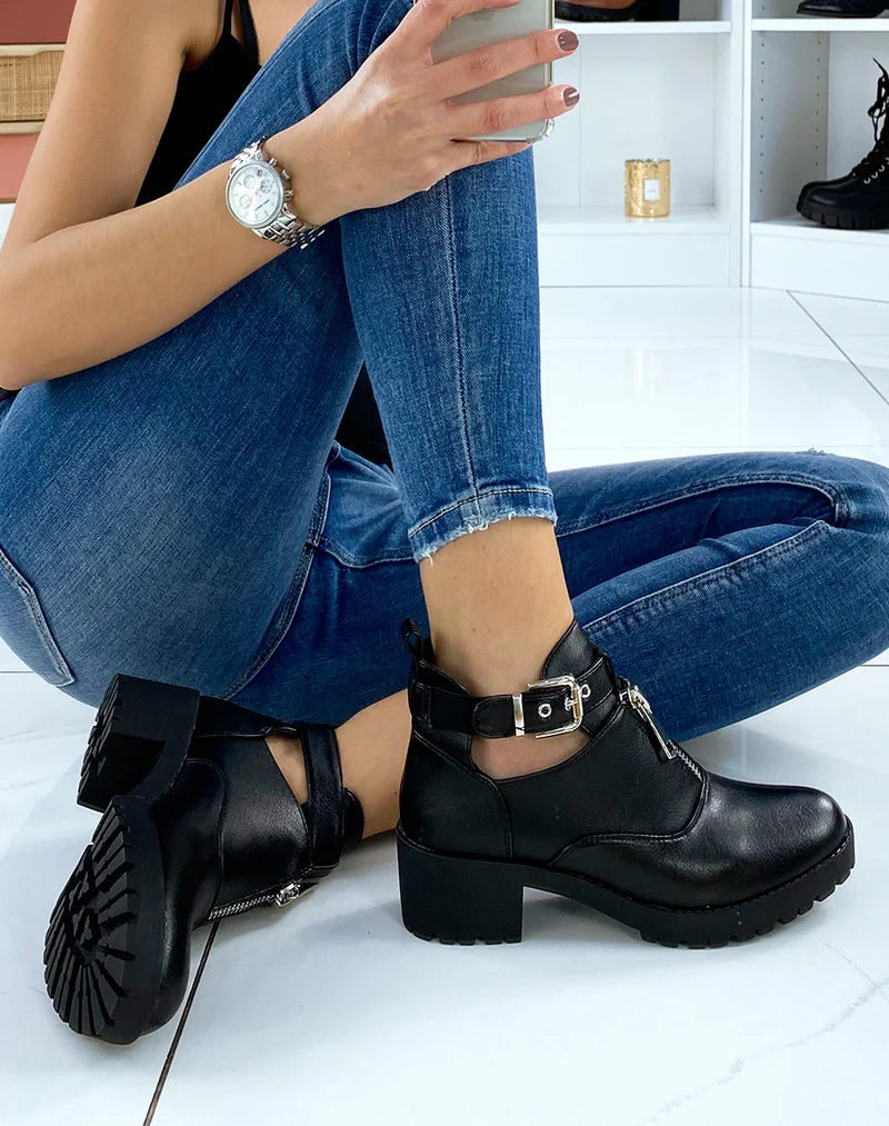 Bottines basses noires ajourées à talon