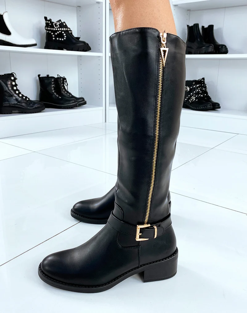 Bottes hautes noires en simili cuir à doubles fermeture