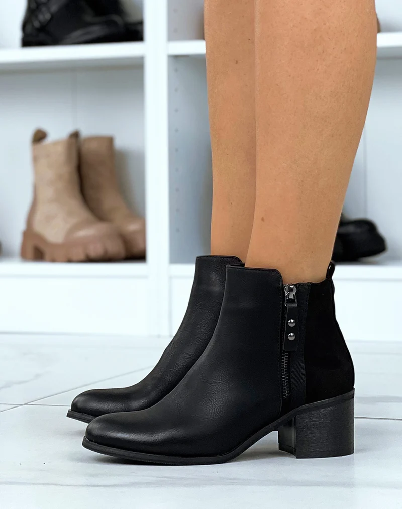 Bottines basses noires à talon bi-matières