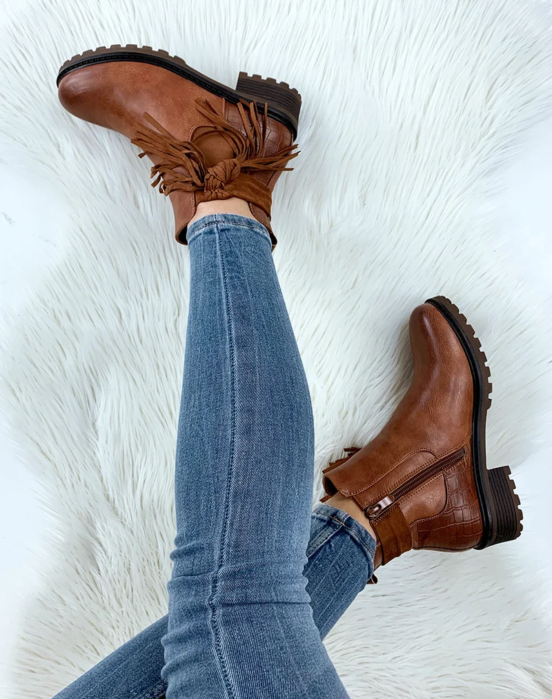 Chelsea boots camel bi-matière à frange