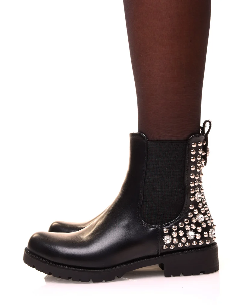Bottines montantes noires à clous et strass