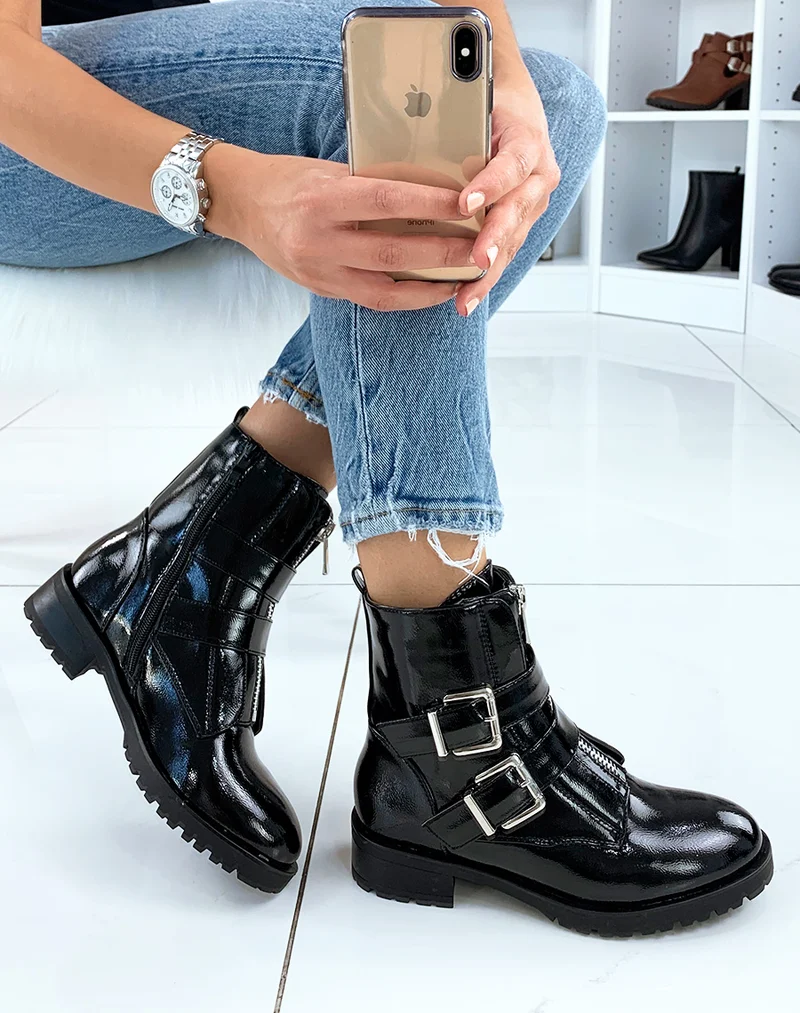 Bottines montantes vernies noires