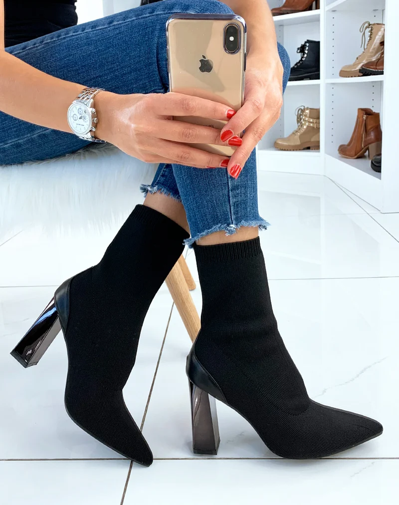 Bottines à talon noires effet chaussette