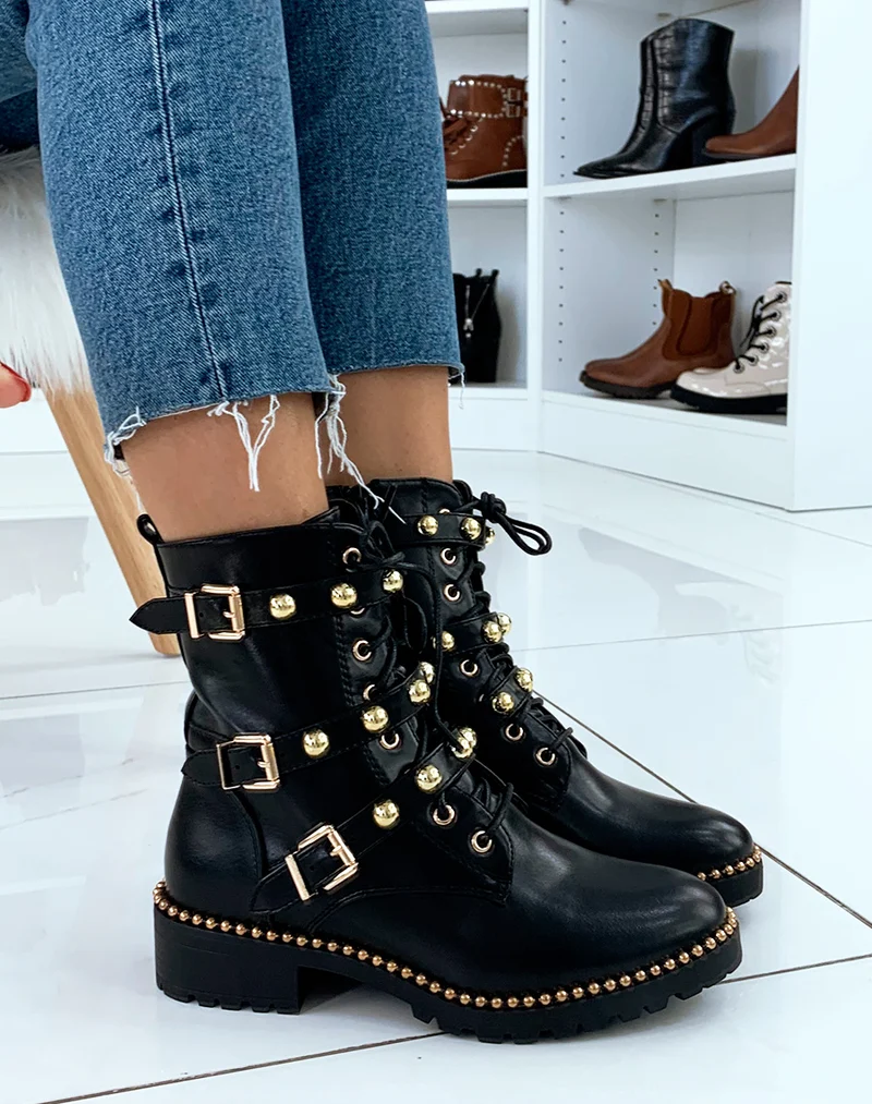 Bottines montantes noires à détails dorés