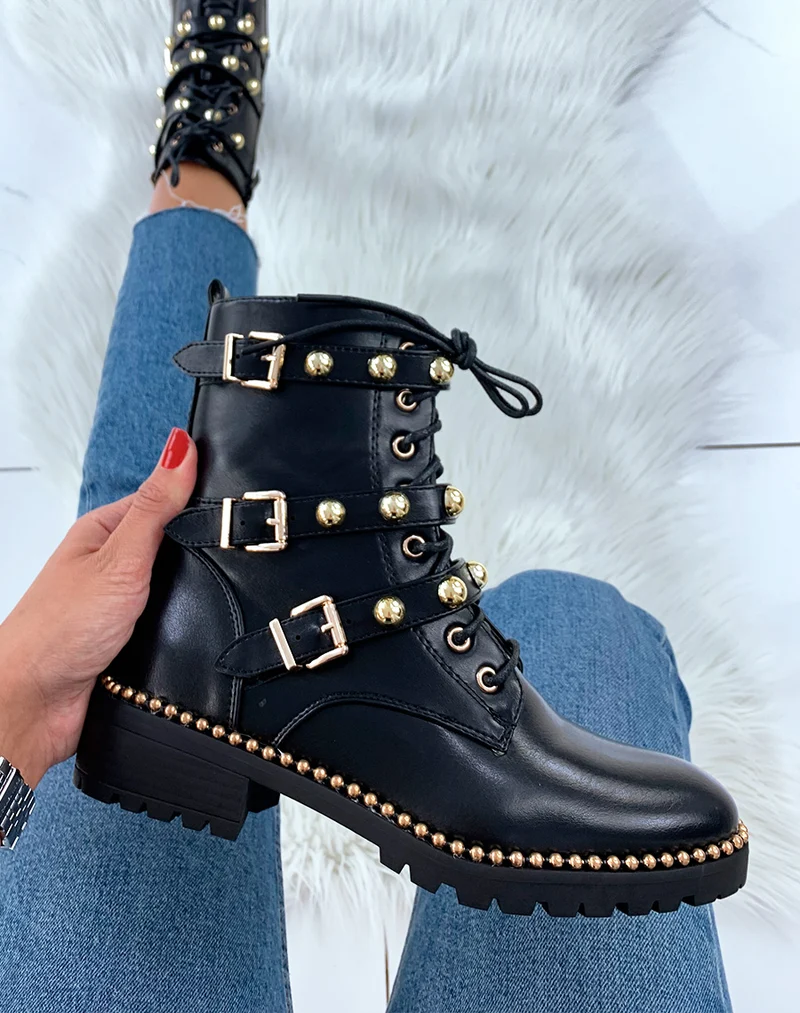 Bottines montantes noires à détails dorés