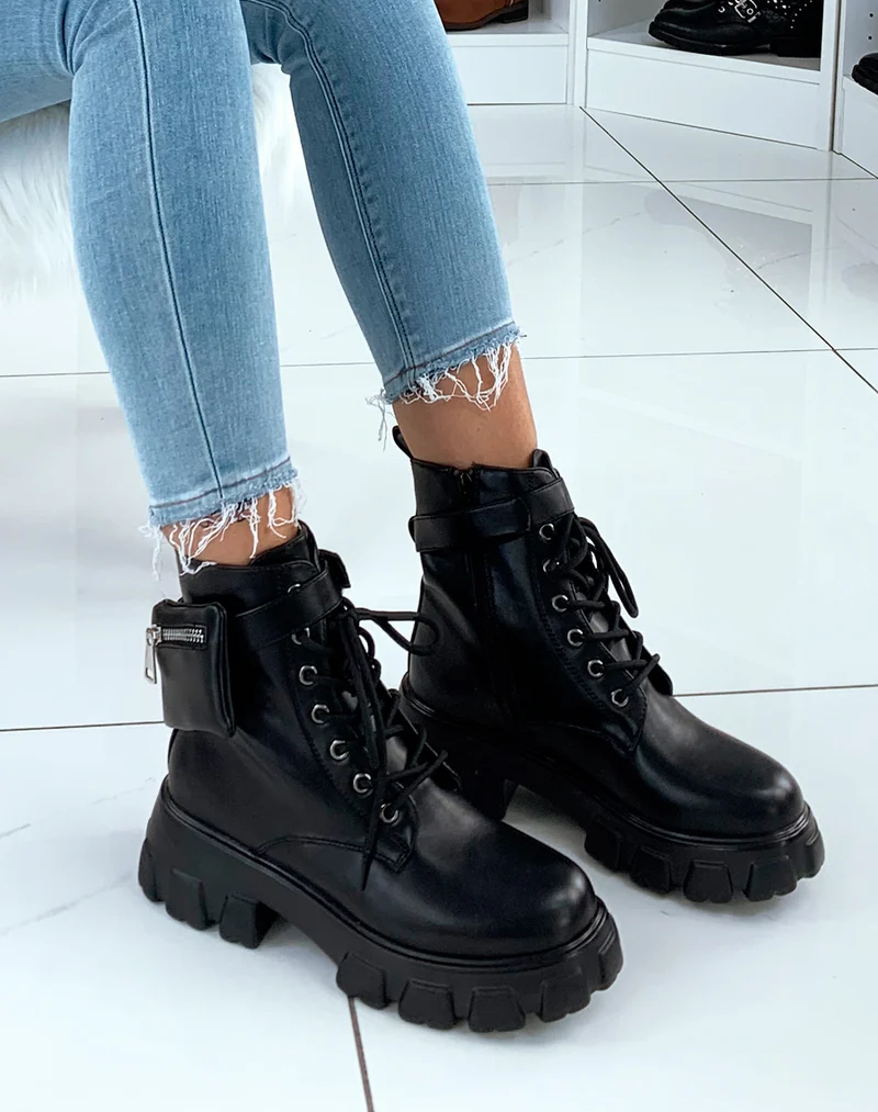 Bottines noires mat à petite pochette