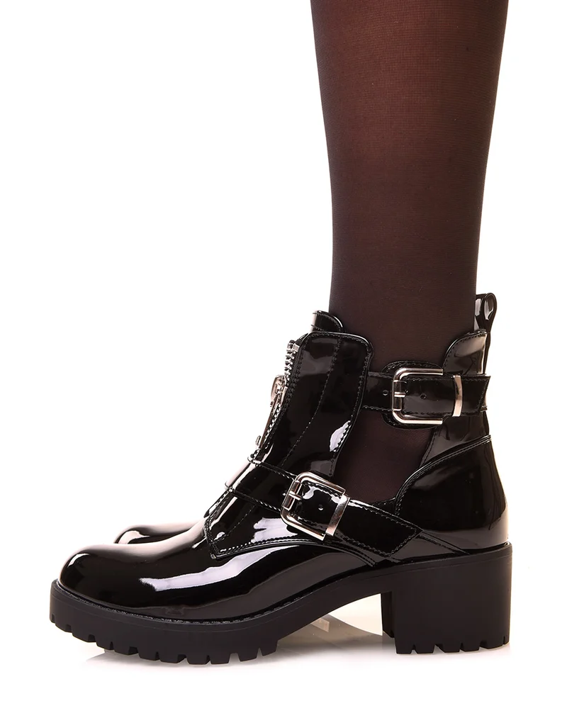 Bottines noires vernis et ouvertes à double lanières