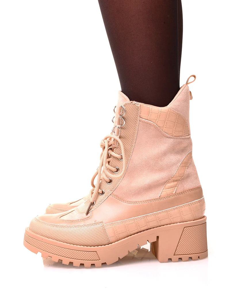 Bottines montantes beige bi-matières