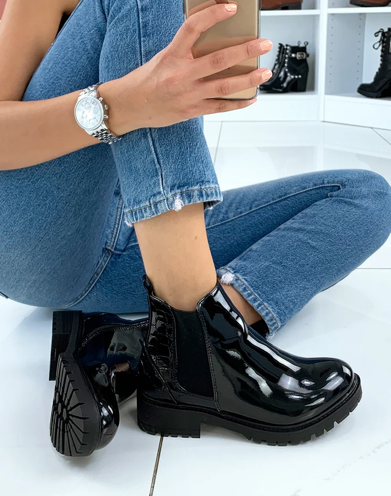 Chelsea boots noires bi-matières effet croco