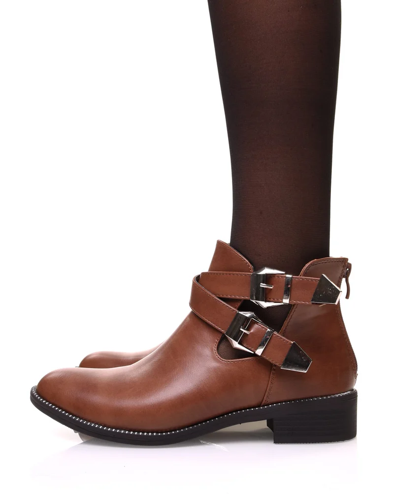 Bottines camelles ajourées à sangles entrelacées
