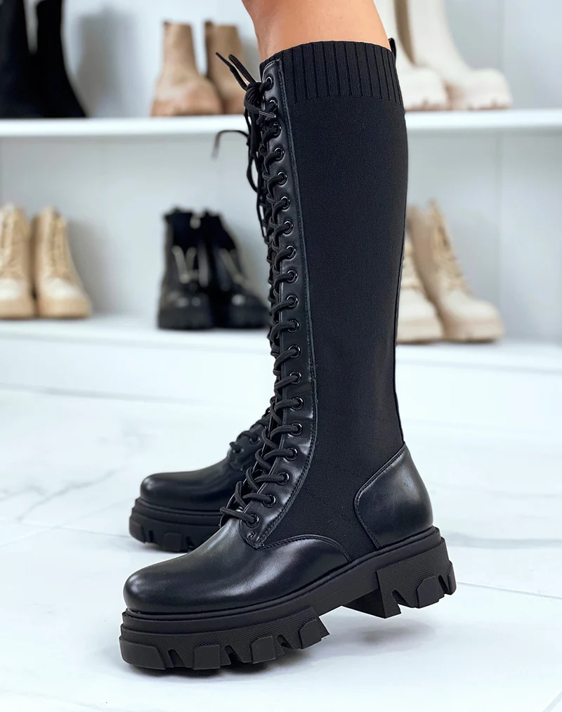 Bottes noires bi-matières lacées à semelle crantée