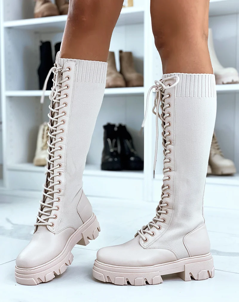 Bottes beiges bi-matières lacées à semelle crantée