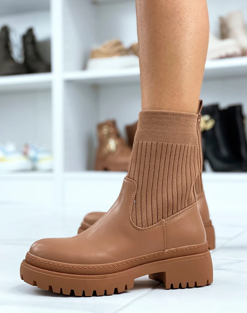 Bottines camel mi-similicuir mi-chaussette