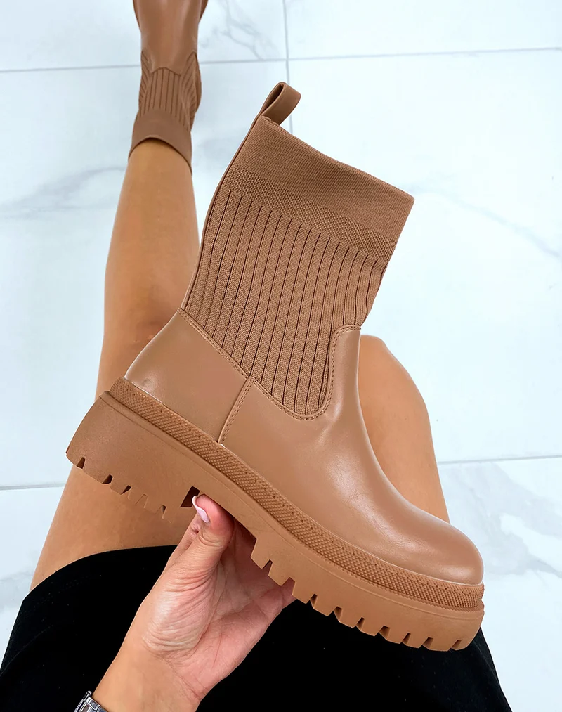 Bottines camel mi-similicuir mi-chaussette