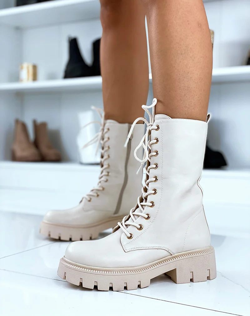 Bottines hautes beiges à plateforme épaisse