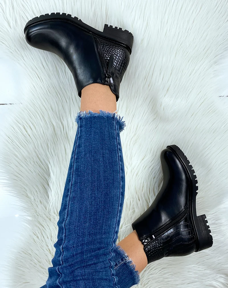 Bottines noires bi-matière effet croco