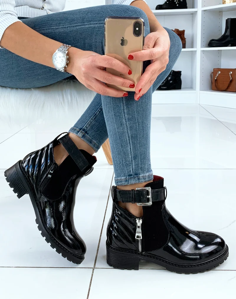 Bottines basses vernies zipées à lanières