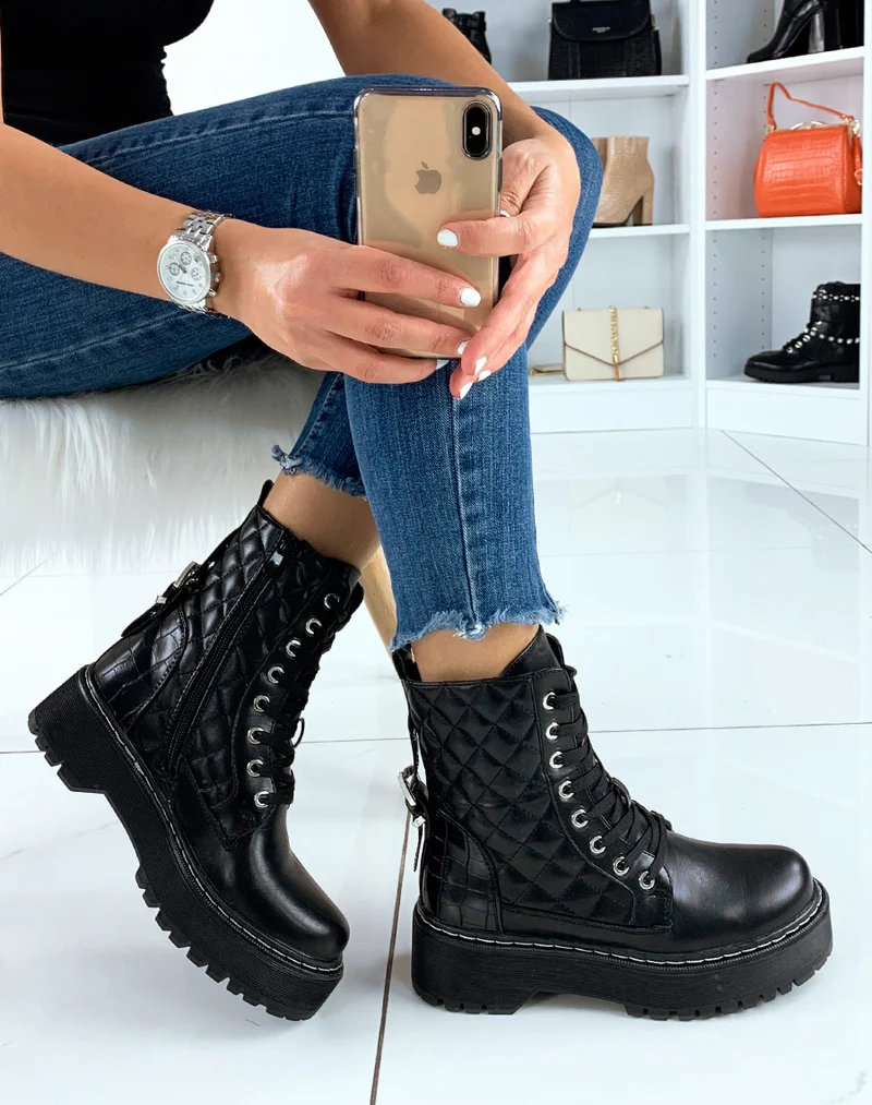 Bottines noires matelassées à grosse plateforme