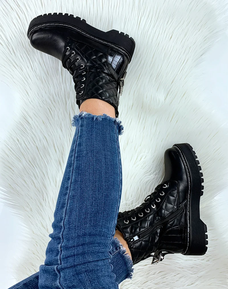 Bottines noires matelassées à grosse plateforme