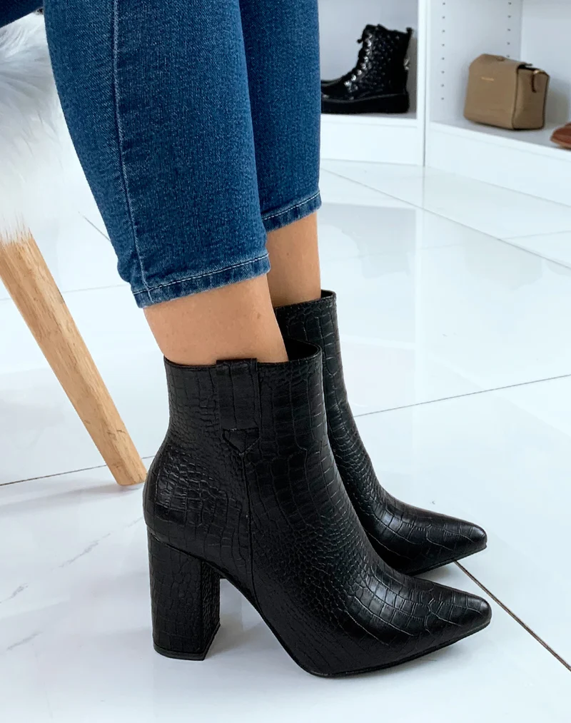 Bottines à talon effet croco noir à bout pointu