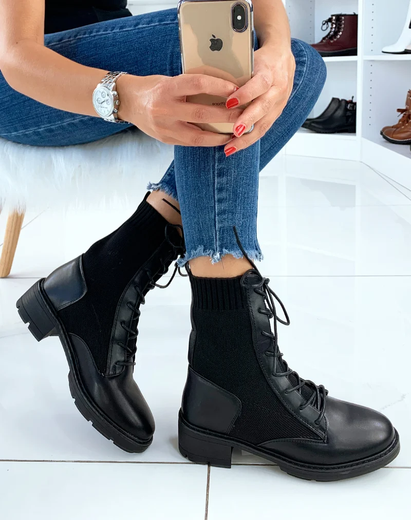 Bottines hautes noires bi-matières