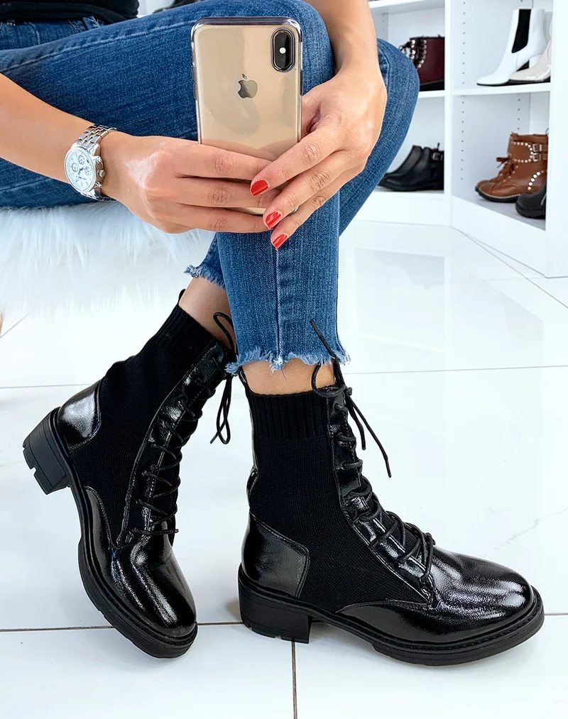 Bottines hautes vernies noires bi-matières