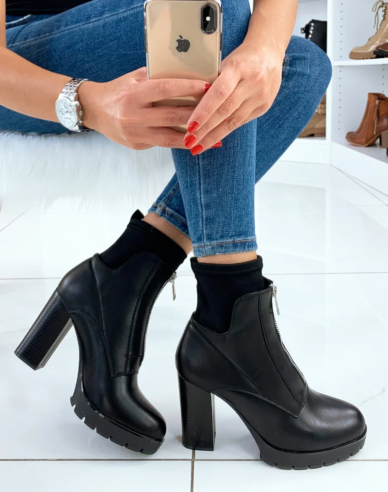 Bottines à talon noires effet chaussette